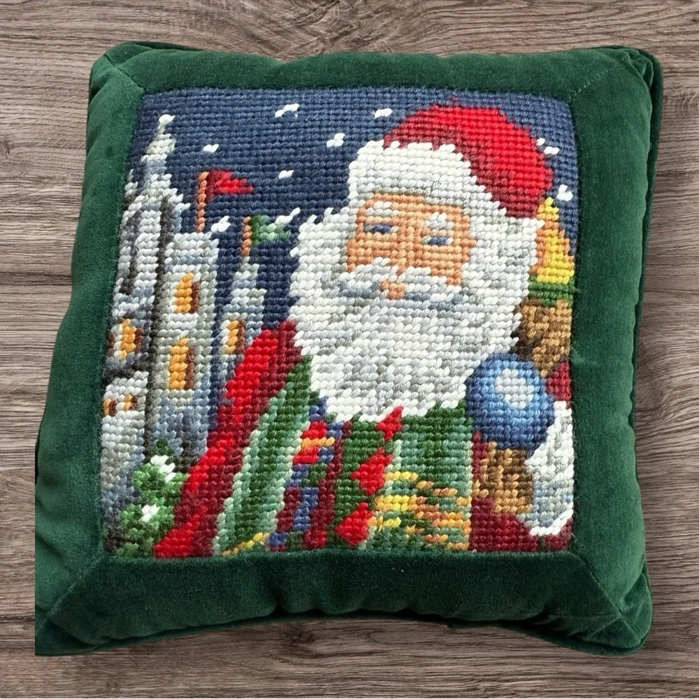 Santa Needlepoint Pillow with a Green Velvet Backing